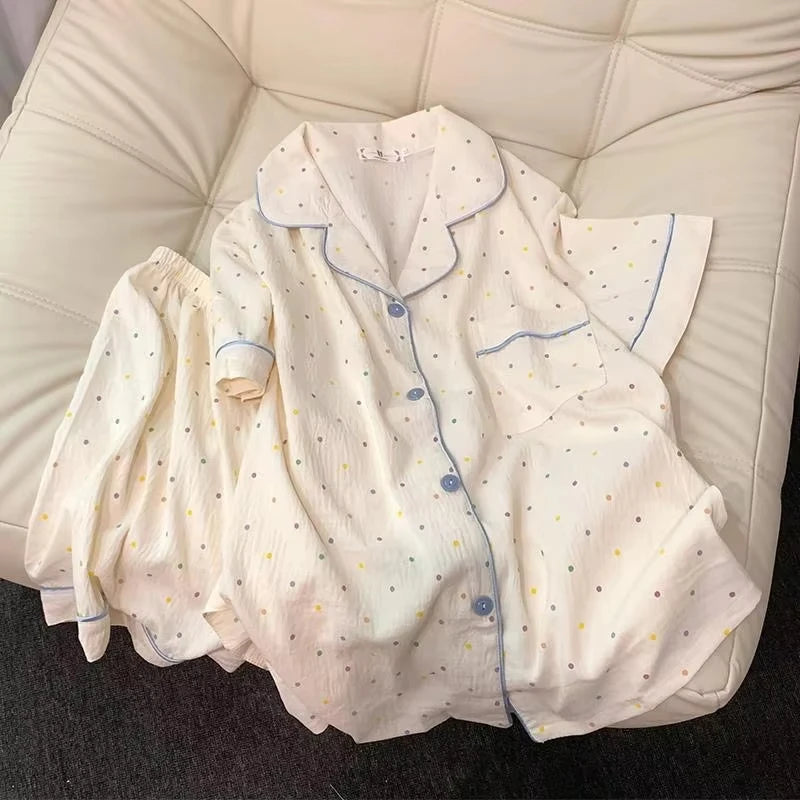 Pijama camisero corto de algodón y elastano con lunares