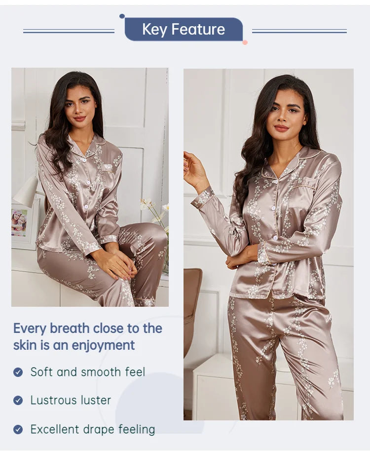 Pijama camisero de satén estampado con pantalón largo