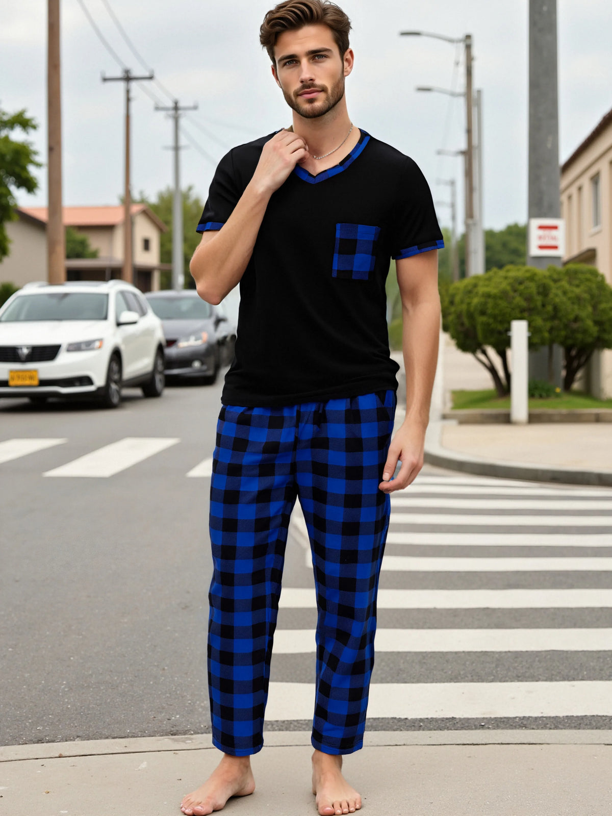 Pijama para hombre con cuello en V y pantalón a cuadros