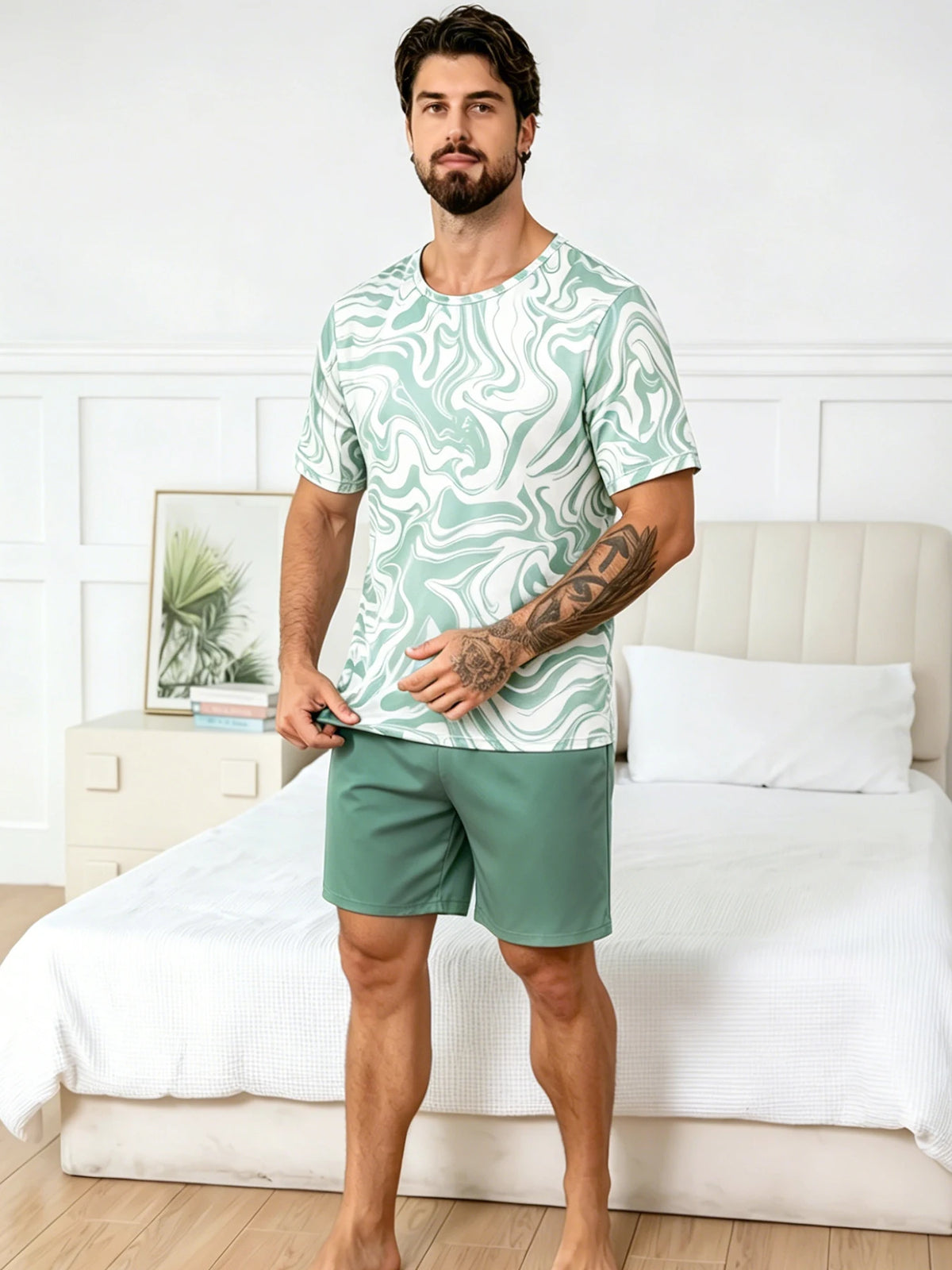Pijama de remera y short a cuadros para hombre