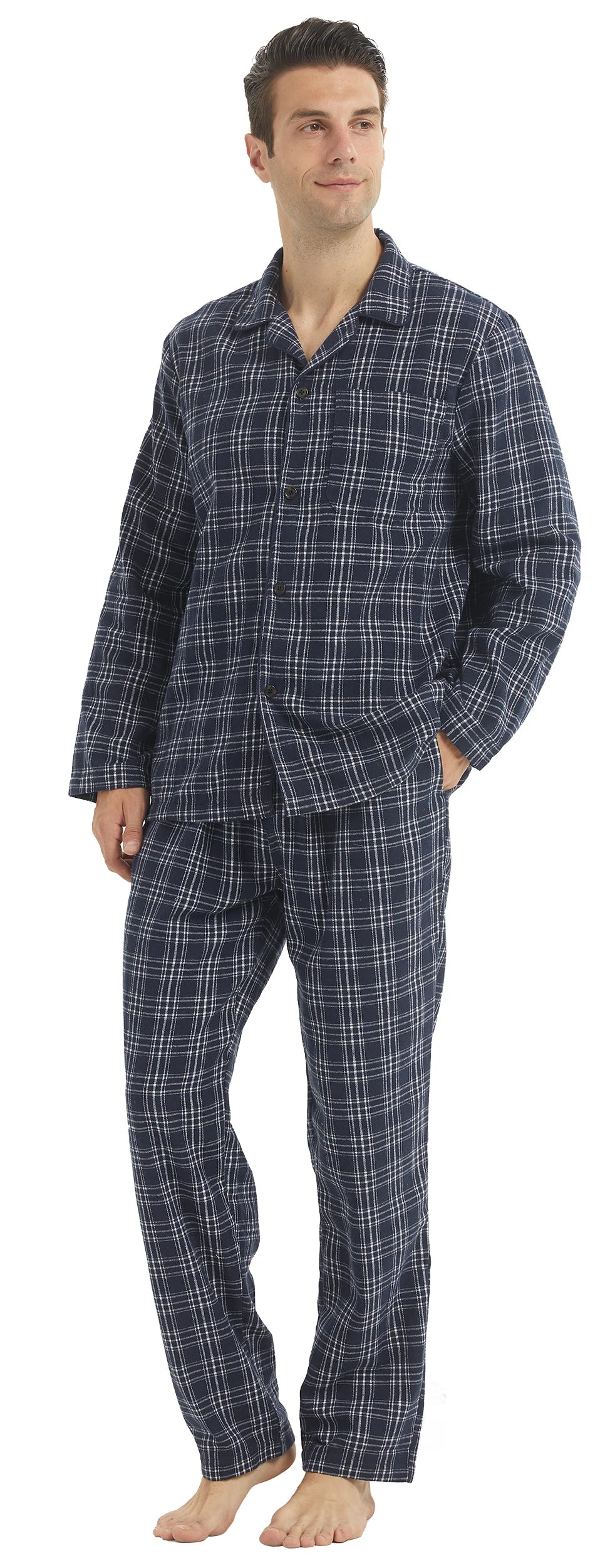 Pijama camisero de franela para hombre con bolsillos
