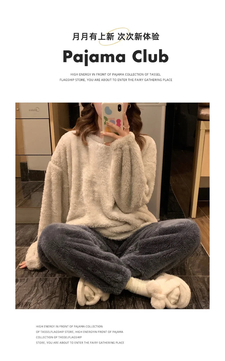 Pijama de polar liso para mujer de dos piezas