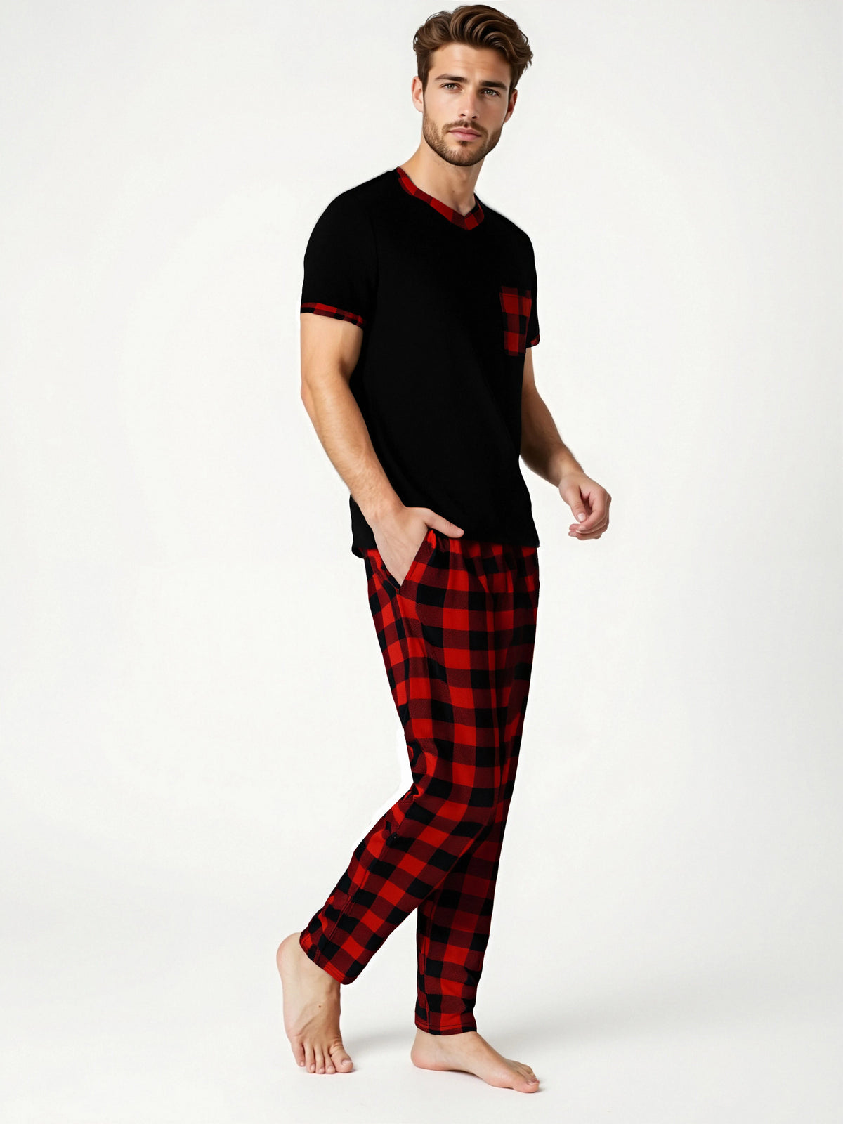 Pijama para hombre con cuello en V y pantalón a cuadros