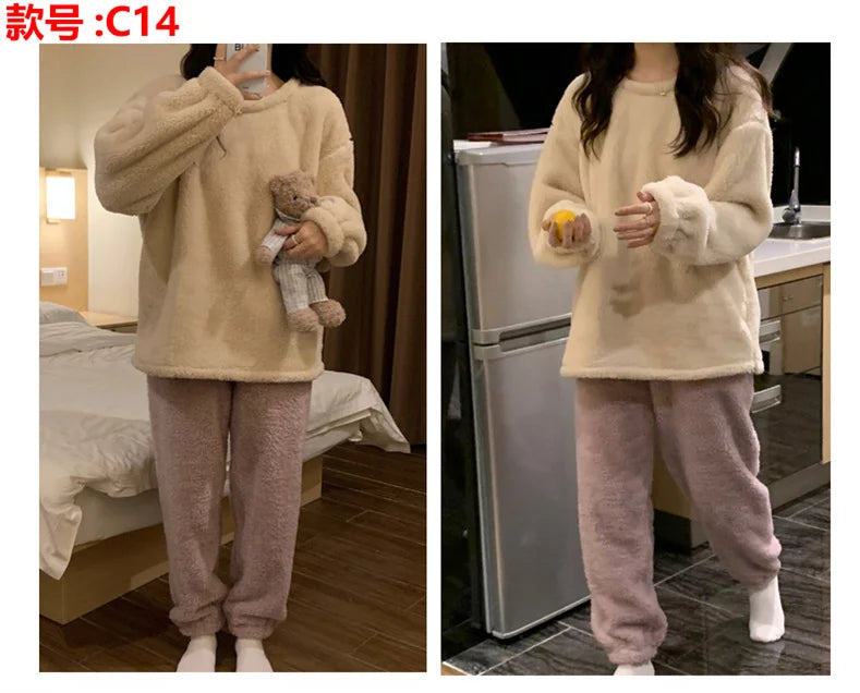 Pijama de polar liso para mujer de dos piezas