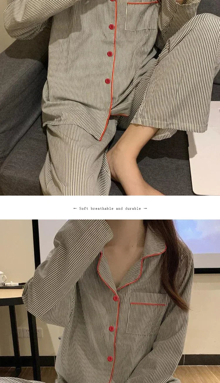 Pijama camisero gris a rayas de manga larga