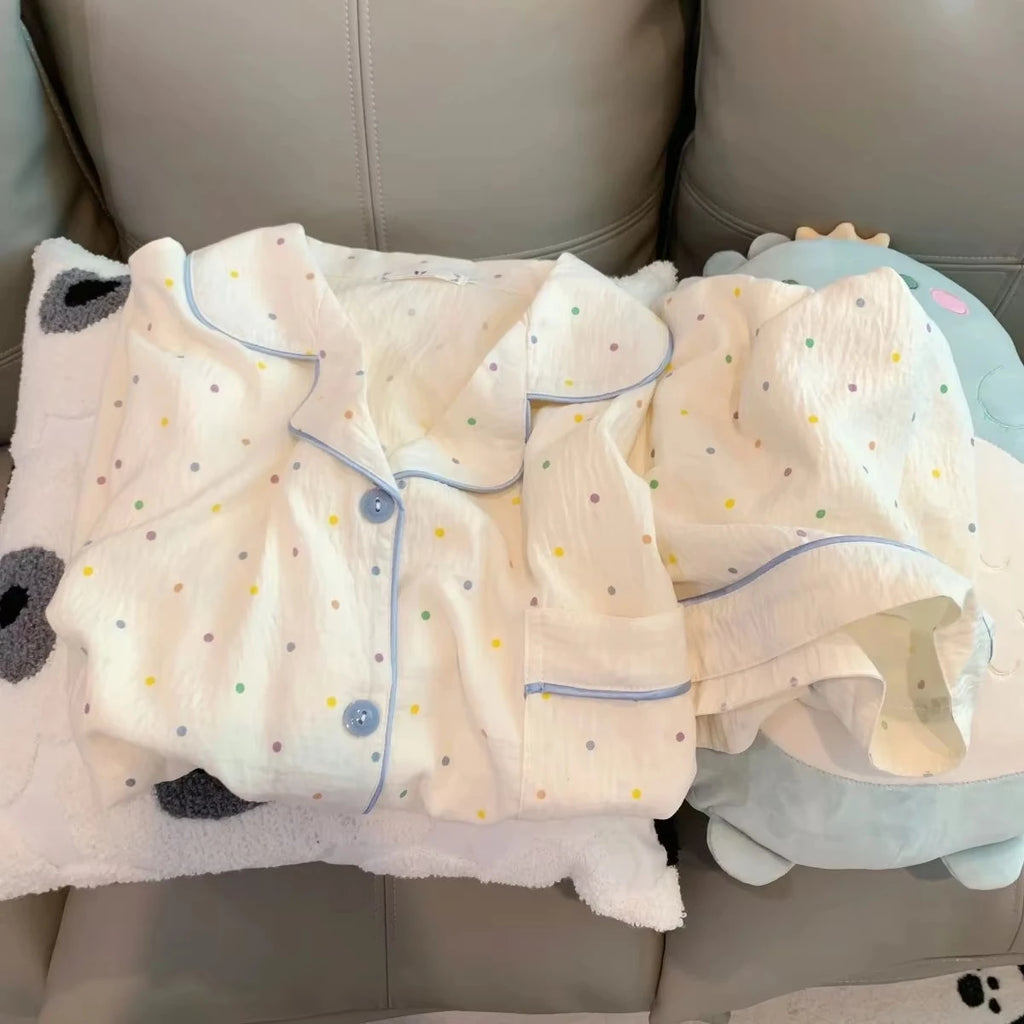 Pijama camisero corto de algodón y elastano con lunares