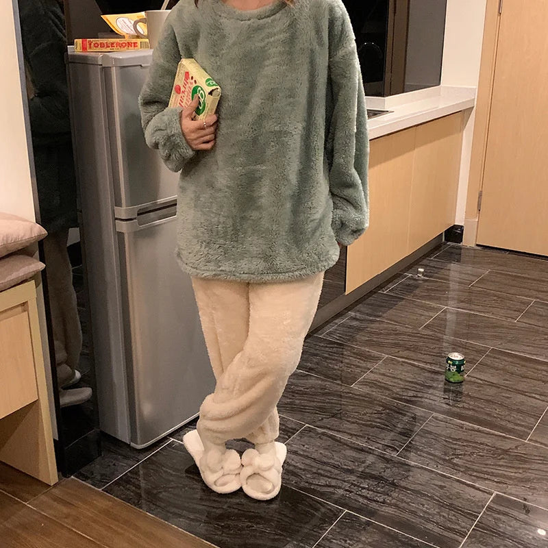 Pijama de polar liso para mujer de dos piezas