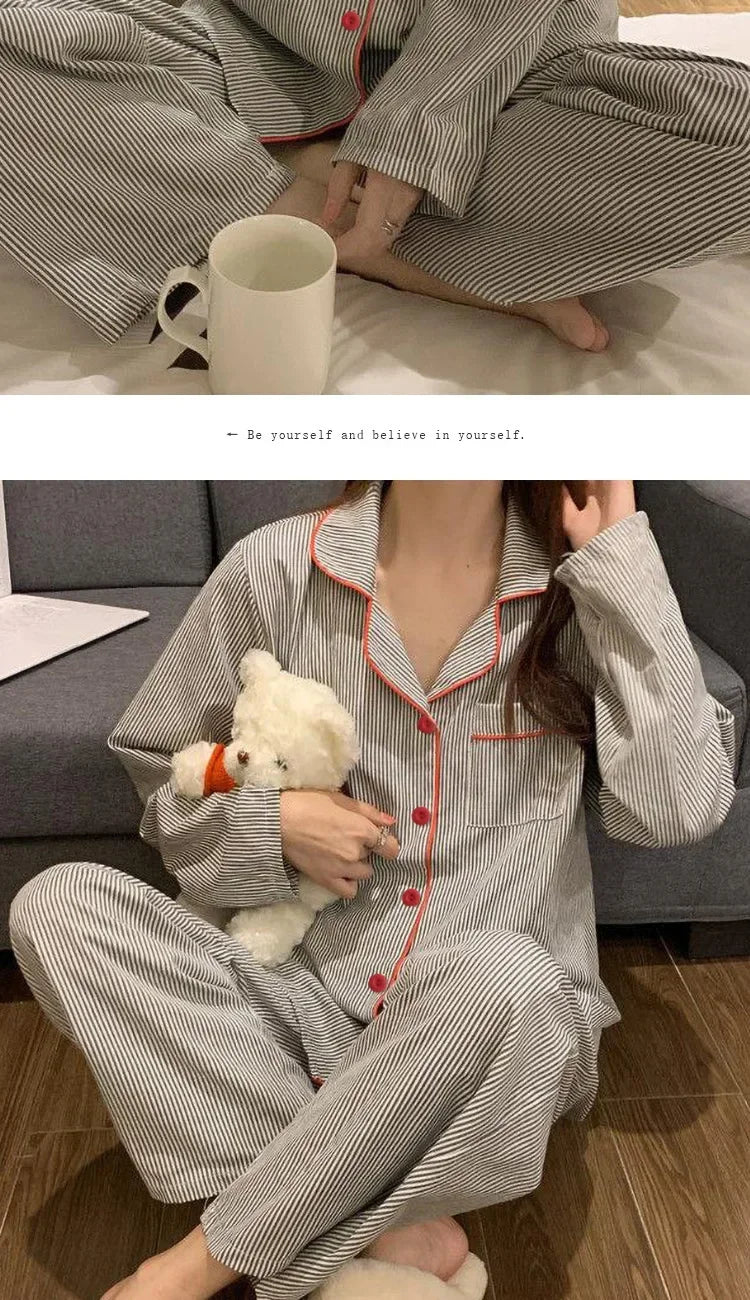 Pijama camisero gris a rayas de manga larga