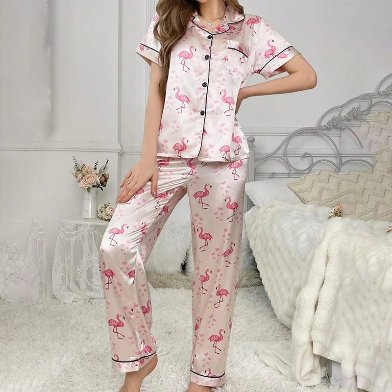 Pijama camisero de manga corta y pantalón satinado