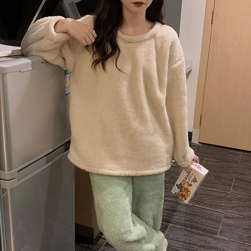 Pijama de polar liso para mujer de dos piezas