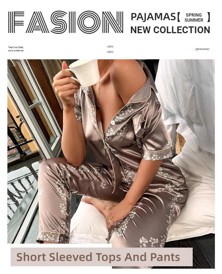 Pijama camisero de satén estampado con pantalón largo