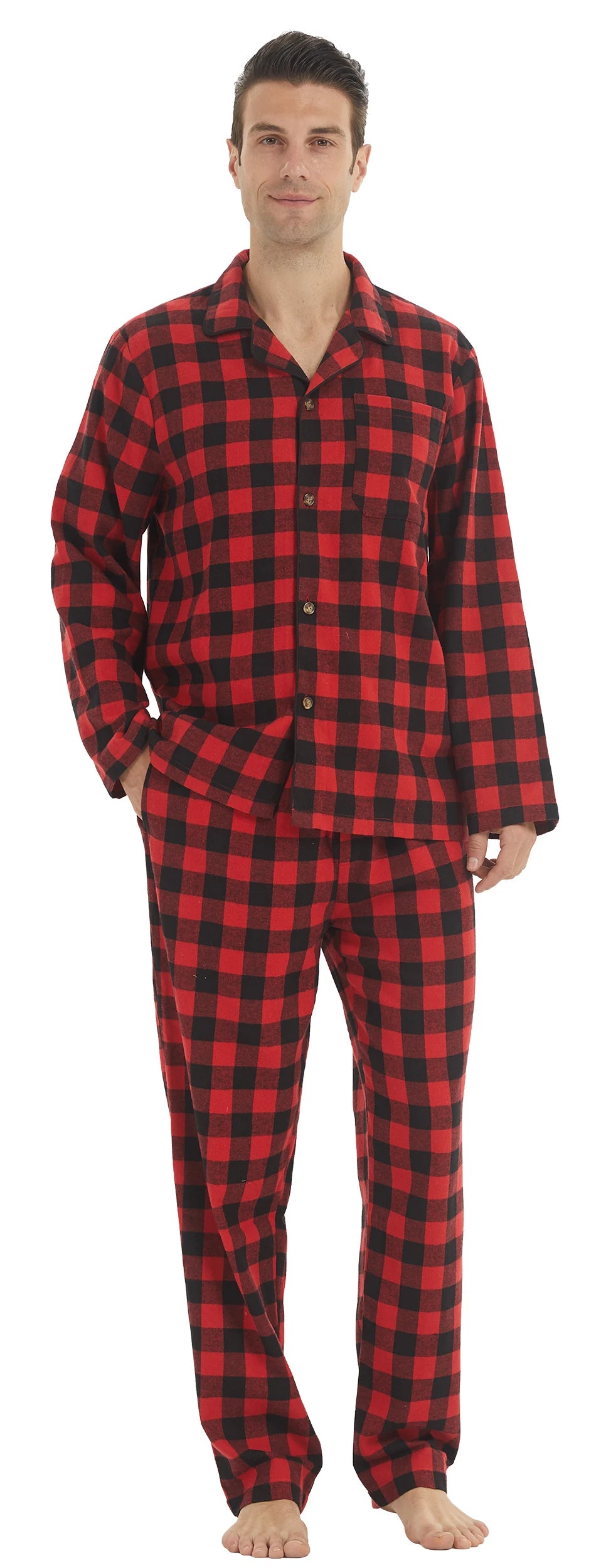Pijama camisero de franela para hombre con bolsillos