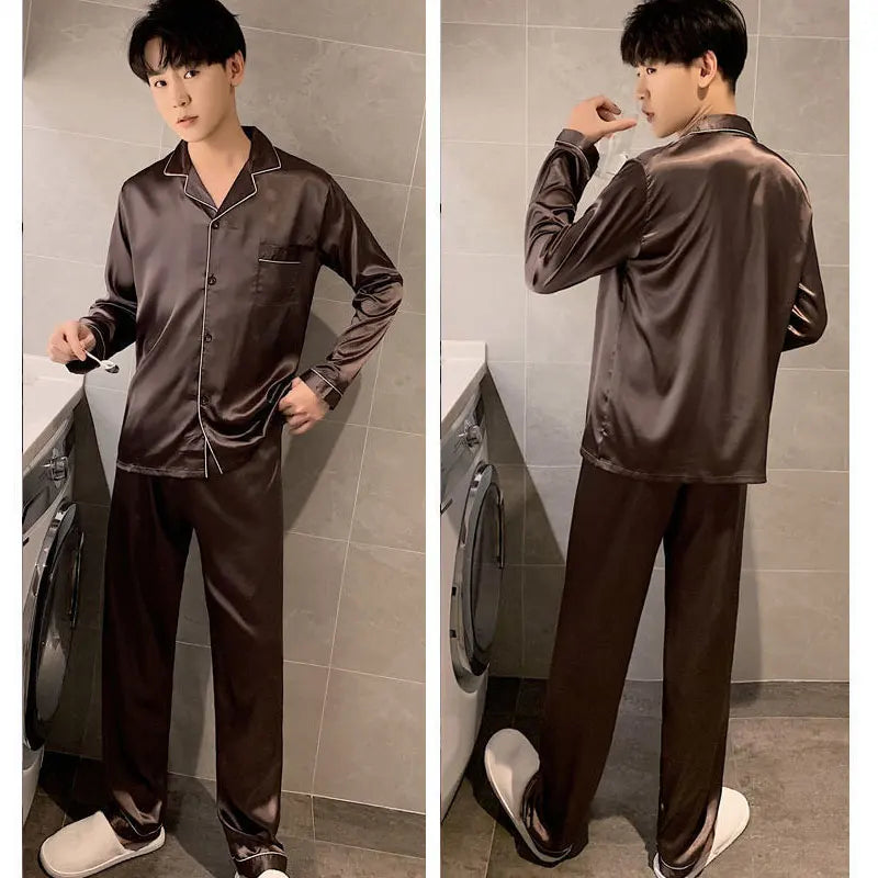 Pijama camisero de satén liso para hombre