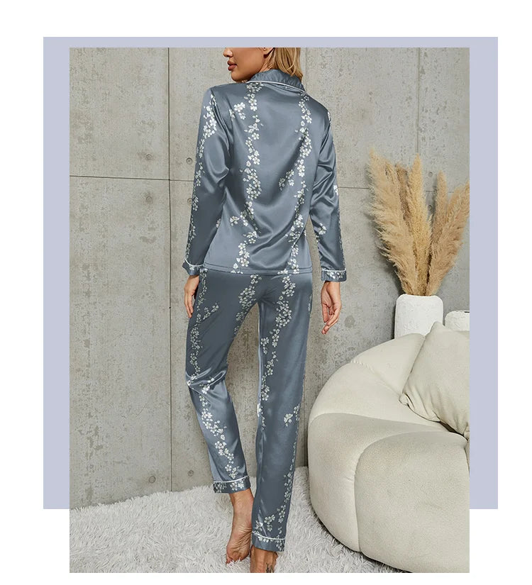 Pijama camisero de satén estampado con pantalón largo
