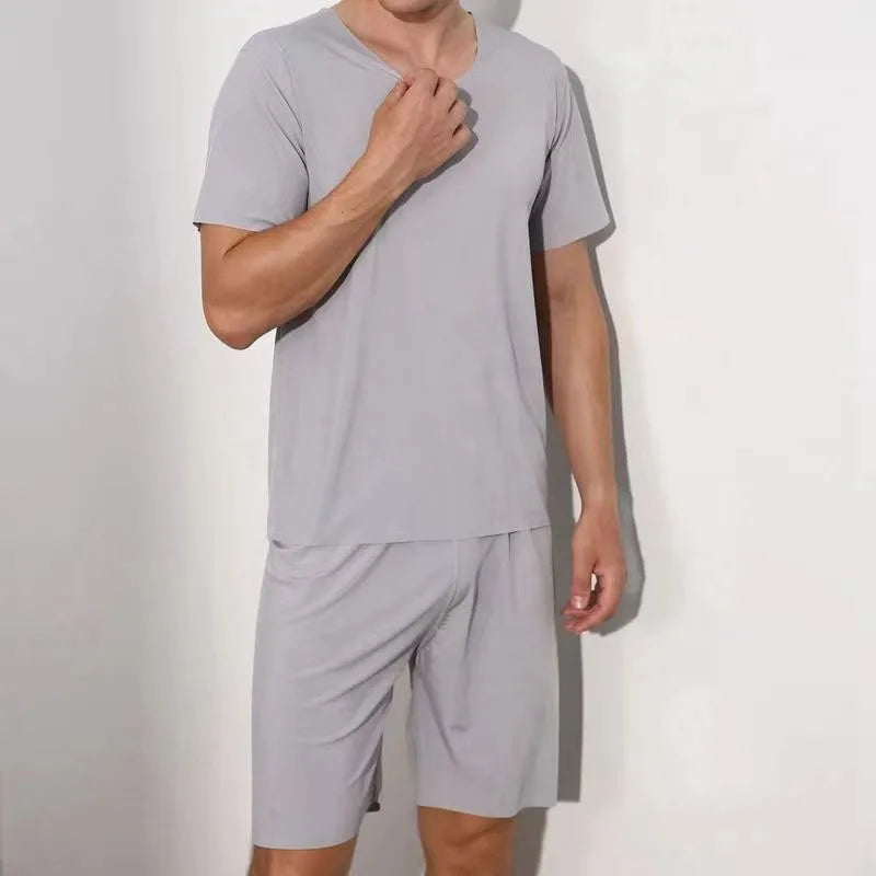 Conjunto de dormir para hombre liso con cuello redondo