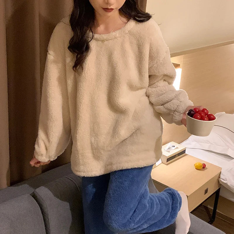 Pijama de polar liso para mujer de dos piezas