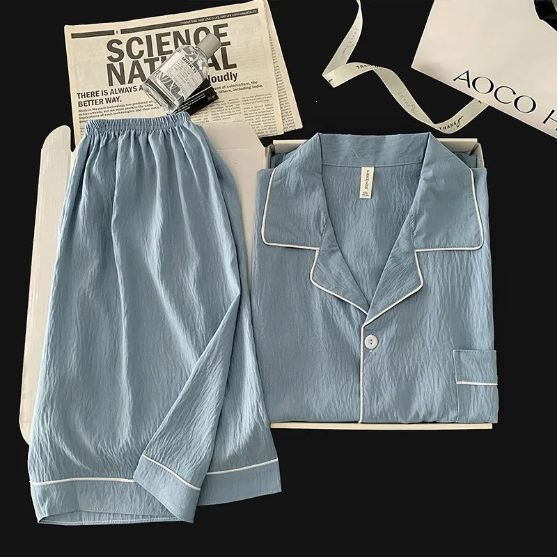 Pijama liso para hombre con cuello camisero y short