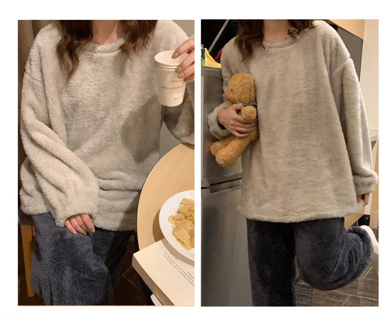 Pijama de polar liso para mujer de dos piezas