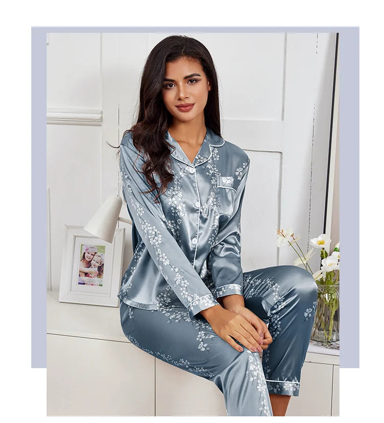 Pijama camisero de satén estampado con pantalón largo