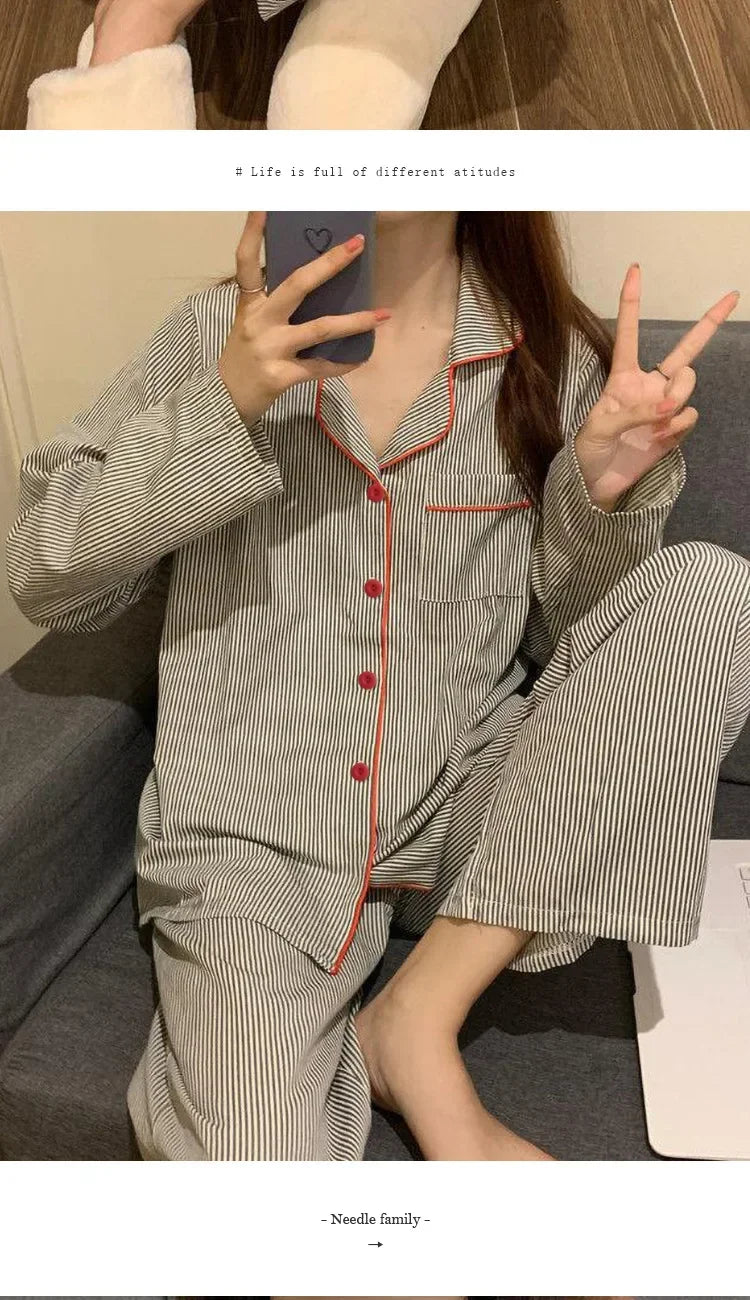 Pijama camisero gris a rayas de manga larga