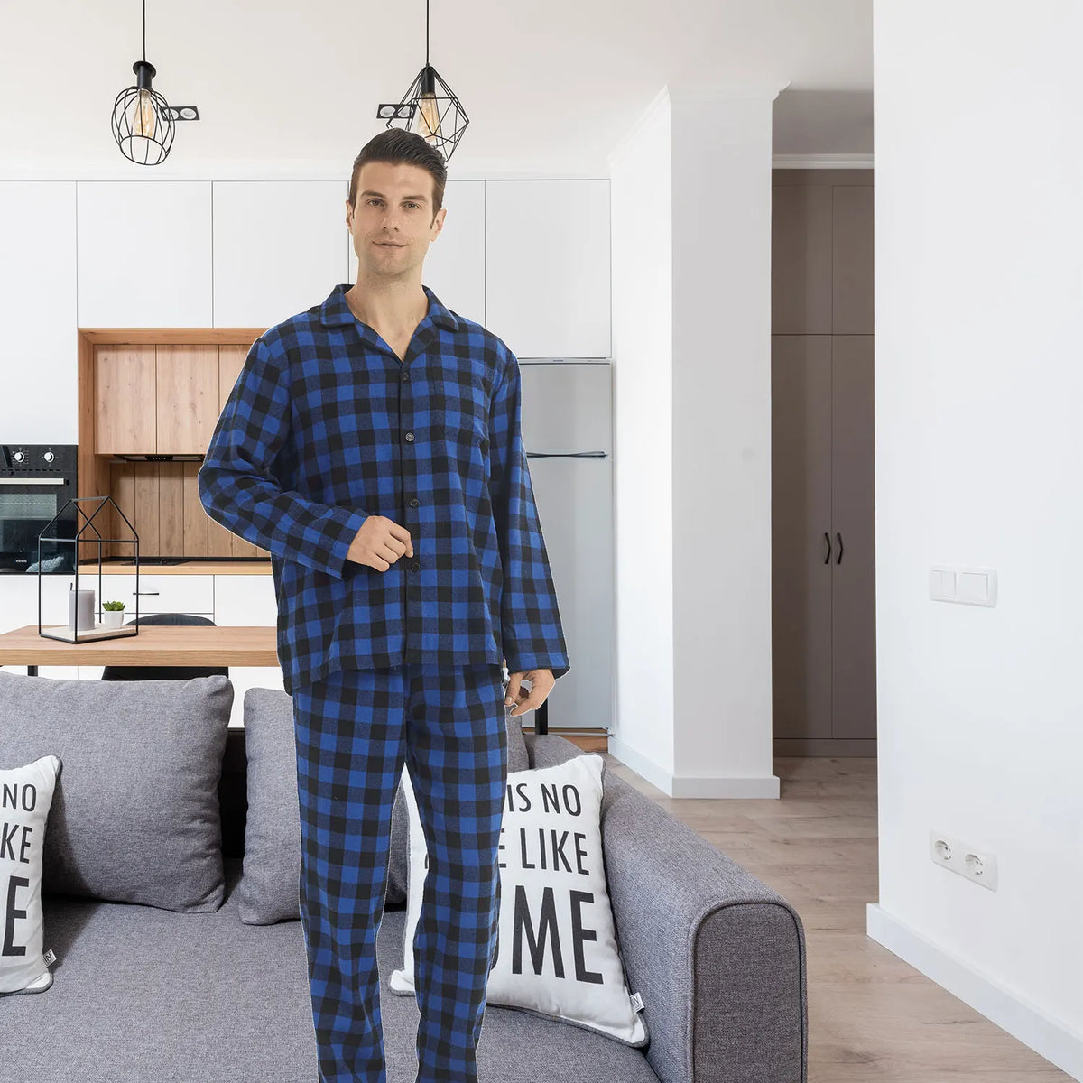Pijama camisero de franela para hombre con bolsillos