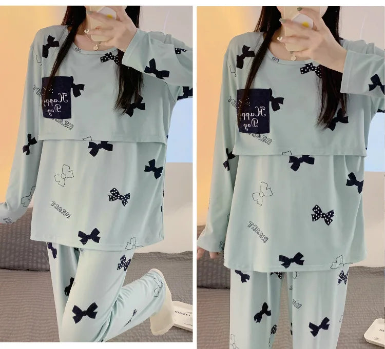 Pijama largo de lactancia de dos piezas estampado