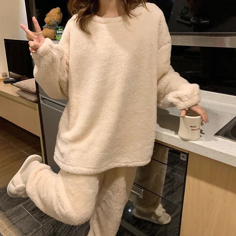 Pijama de polar liso para mujer de dos piezas