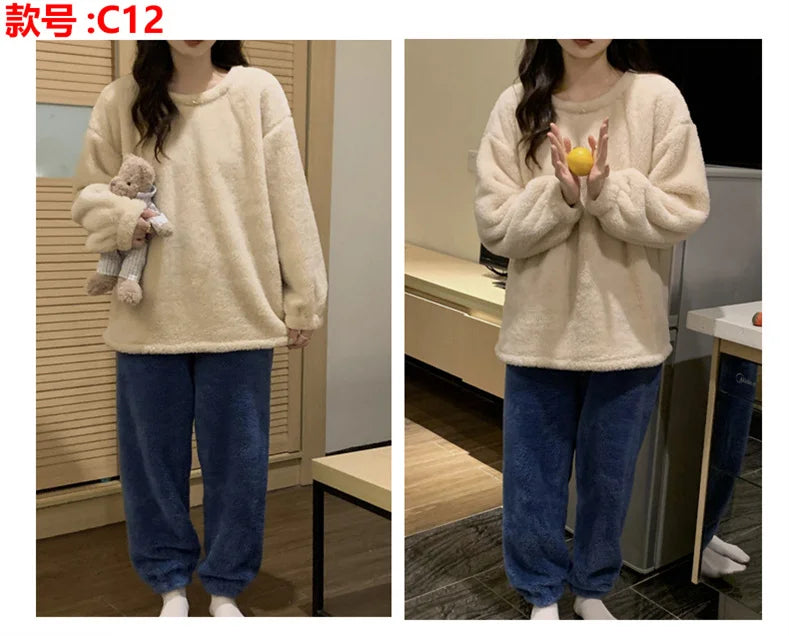 Pijama de polar liso para mujer de dos piezas