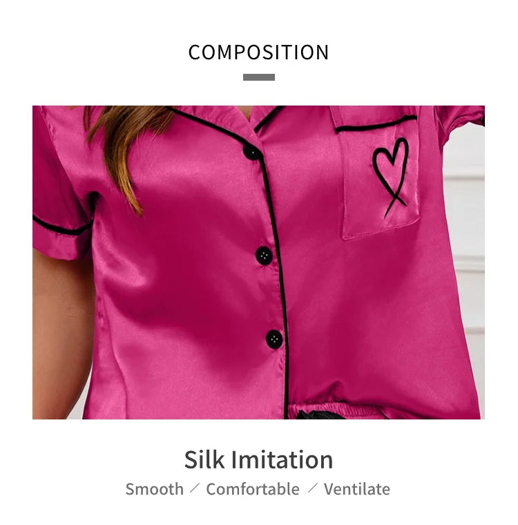 Pijama camisero corto con bolsillo y corazón bordado