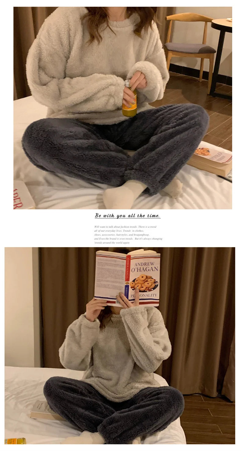 Pijama de polar liso para mujer de dos piezas