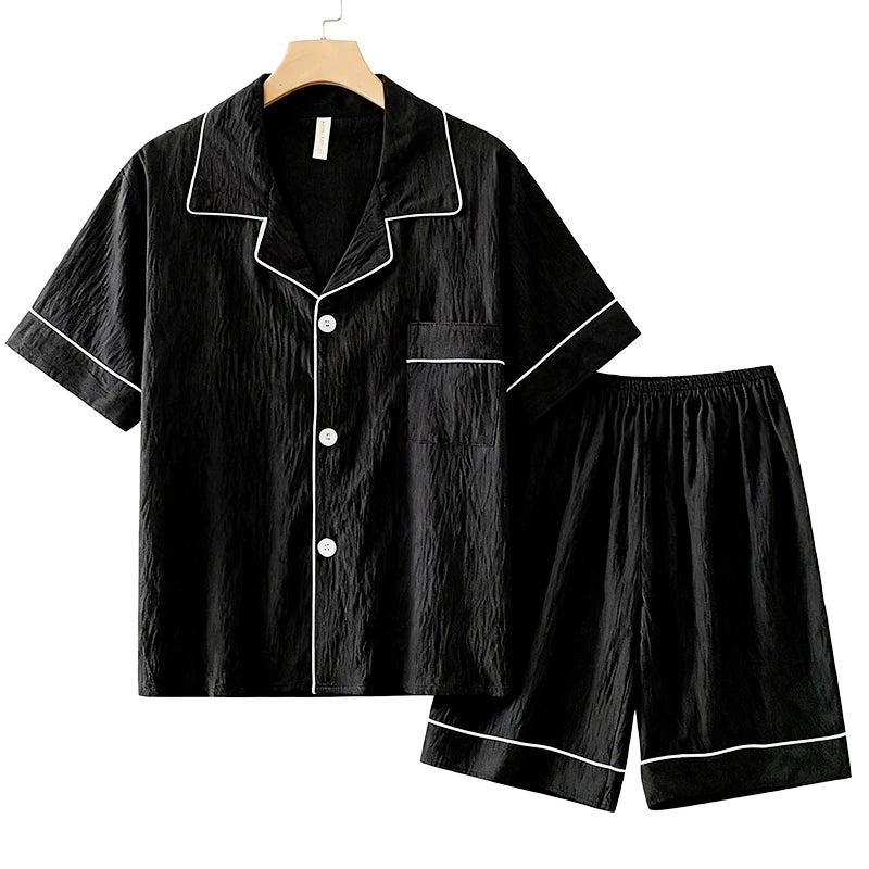 Pijama liso para hombre con cuello camisero y short